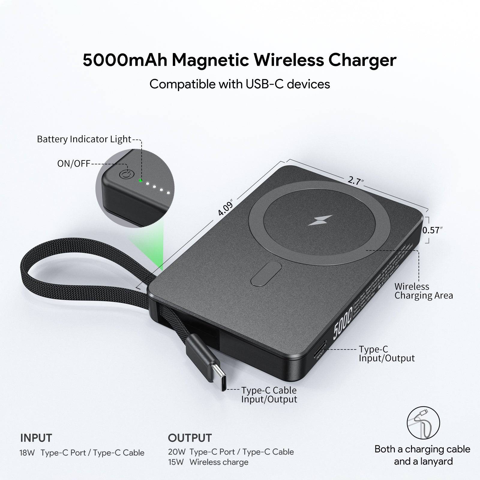 Esoulk 5000mAh Magnetic Wireless Charger with Built-in Type-C Cable.