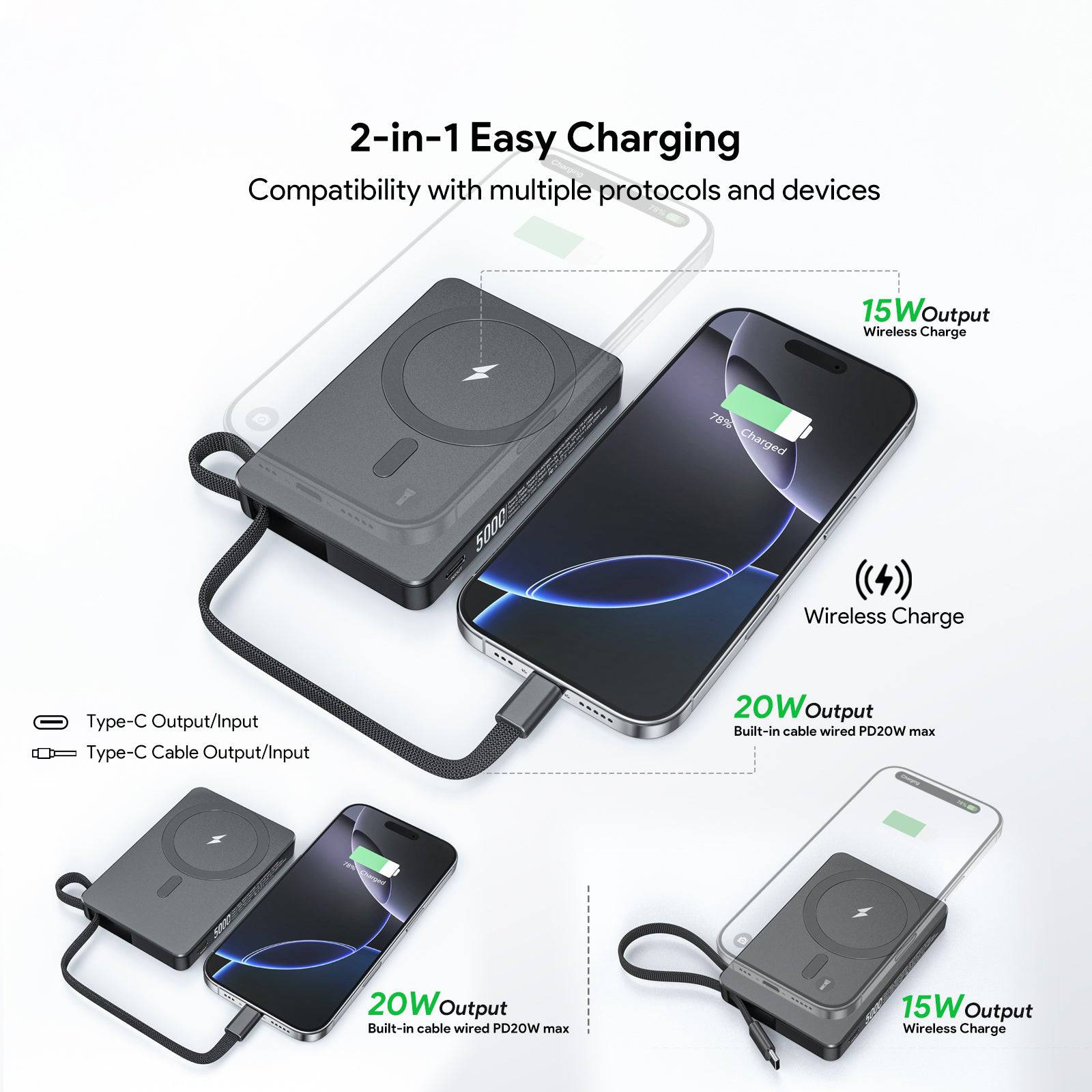 Esoulk 5000mAh Magnetic Wireless Charger with Built-in Type-C Cable.