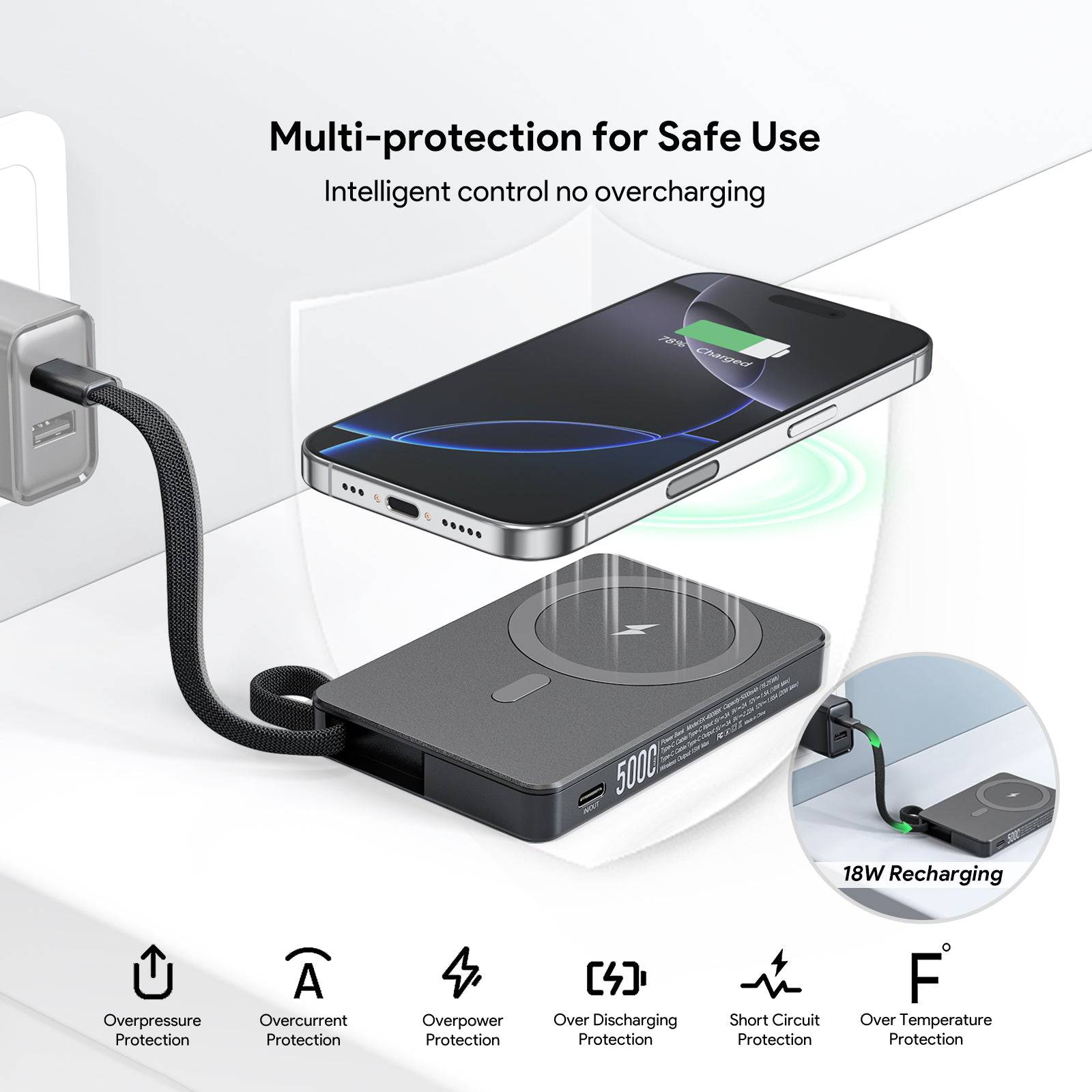 Esoulk 5000mAh Magnetic Wireless Charger with Built-in Type-C Cable.