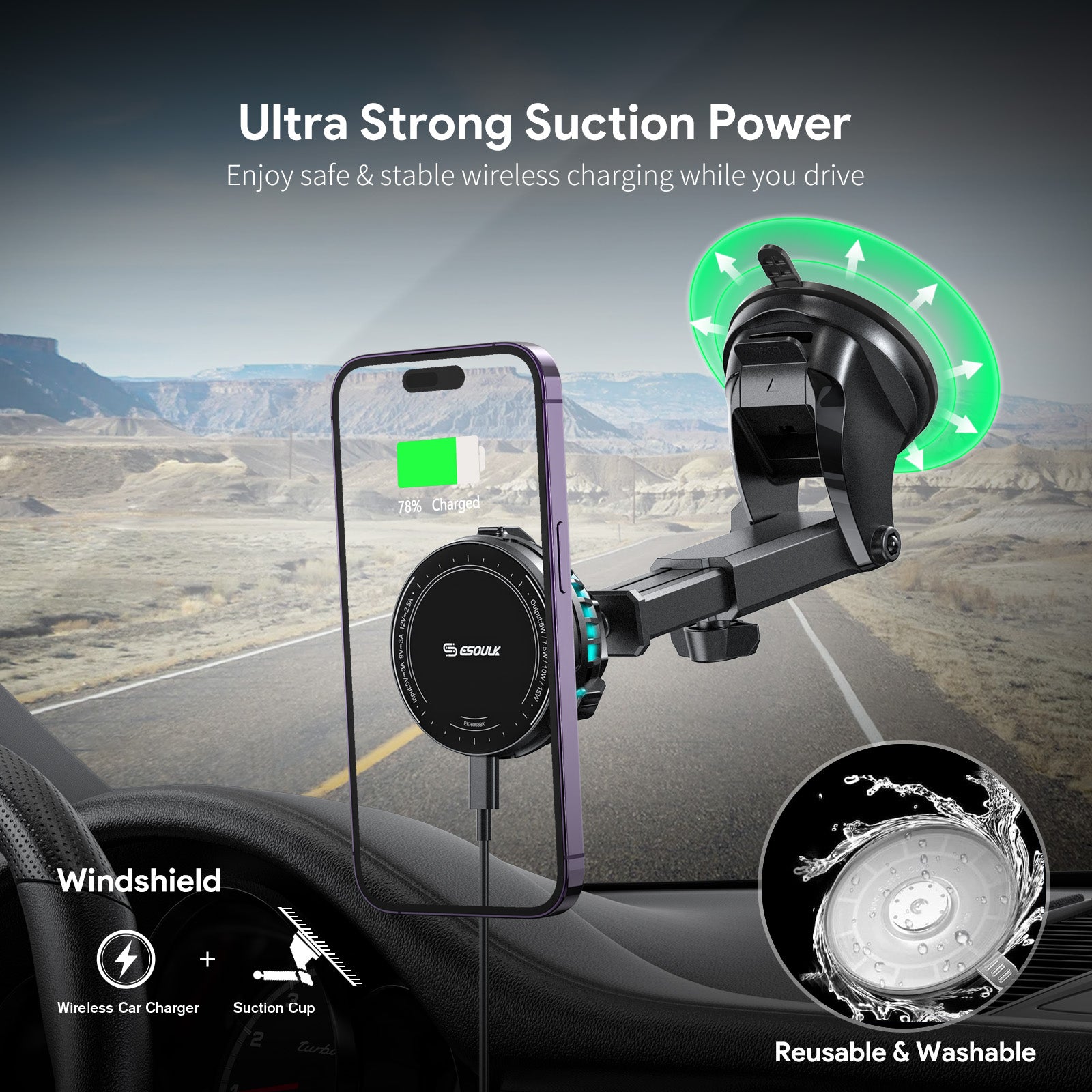 Esoulk Magnetic Wireless Car Charger for iPhone Models and Android Devices